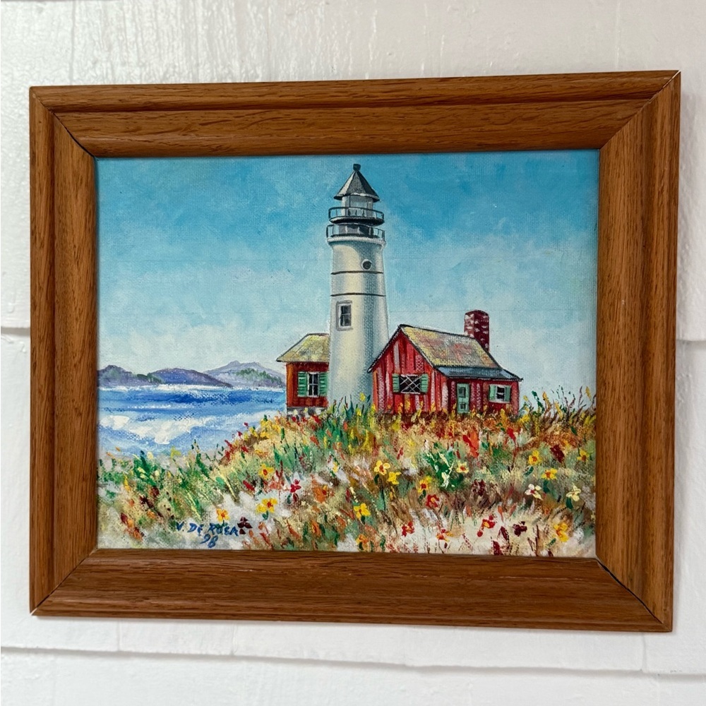 Vintage Signed V. De Rosa 1998 Framed Lighthouse Painting with Wooden Frame